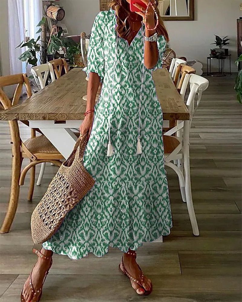 Women's Printed A-Line Midi Dress with Lantern Sleeves and V-Neckline for Relaxed Daywear | Koossa