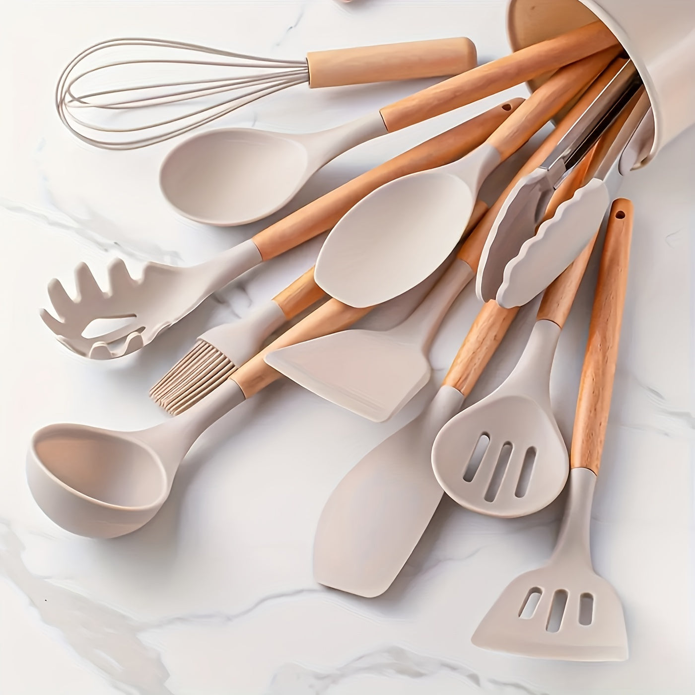 Set de 12 Ustensiles de Cuisine en Silicone avec Manches en Bois Naturel pour Cuisson Douce et Soignée | Koossa