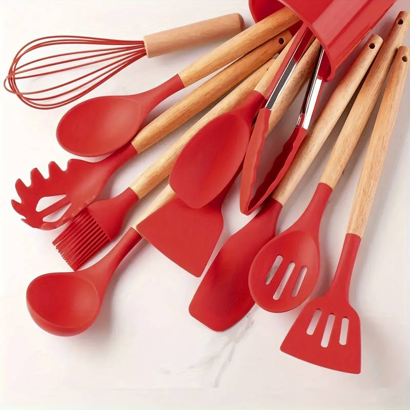Set de 12 Ustensiles de Cuisine en Silicone avec Manches en Bois Naturel pour Cuisson Douce et Soignée | Koossa