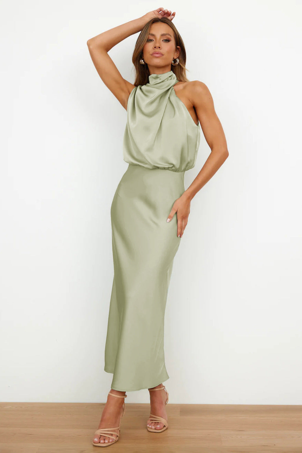 Women's Draped Satin Evening Dress with Open Back — Elegant Midi Dress for Summer Weddings & Special Occasions | Koossa