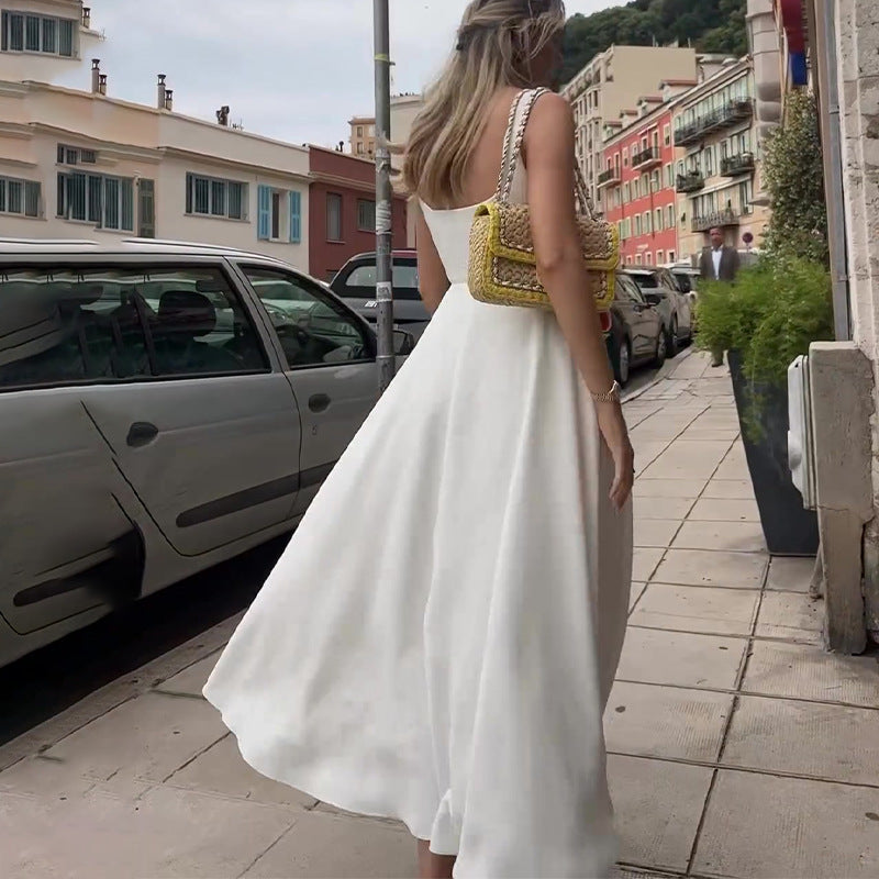 Women's Square Neck Midi Dress with Delicate Straps — Elegant Spring Dress for Garden Parties & Afternoon Events | Koossa
