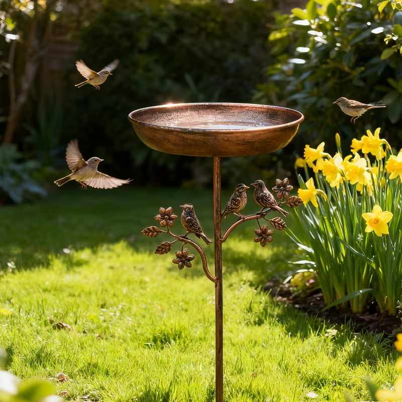 Metal Bird Bath with Garden Stake, 9.5 in Copper-Tone Outdoor Birdbath Bowl for Songbirds, Yard, Patio & Lawn, Easy Assembly | Lonoma