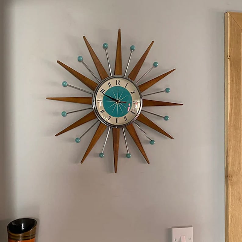 Sunburst Wall Clock 16 in, Silent Battery Operated Mid-Century Modern Decorative Clock for Living Room, Bedroom, Office & Entryway | Lonoma