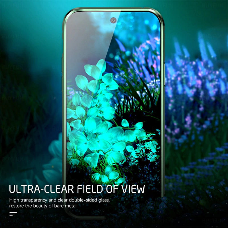 Magnetic Tempered Glass Phone Case, Double-Sided Clear Metal Bumper Cover with Self-Locking Closure for Wireless Charging, Drop Protection | Lonoma