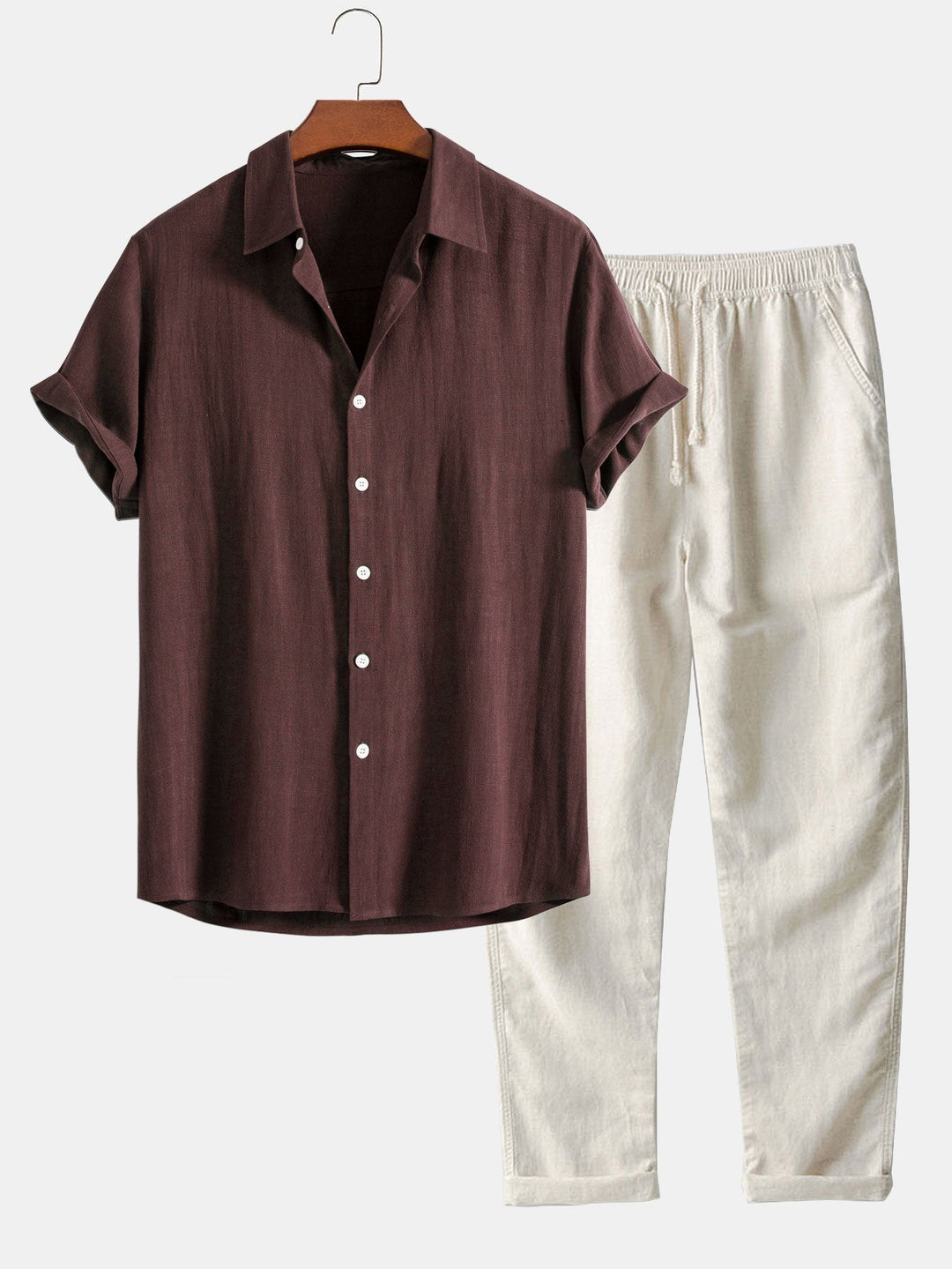 Men's Linen Band Collar Shirt and Trousers Coordinated Set in Navy, Brown, Beige, Black – Smart Casual Two-Piece Outfit for Warm Weather | Koossa