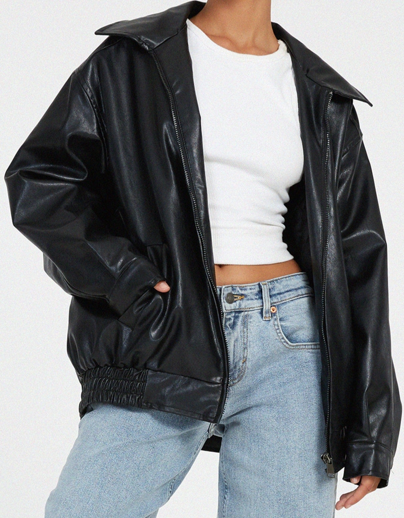 Women's Oversized Faux Leather Jacket — Relaxed Fit Jacket for Summer Evenings & Transitional Weather | Koossa