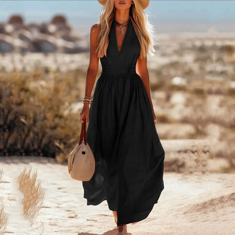 Women's Halter-Neck Cotton-Linen Maxi Dress in Natural Tones for Warm-Weather Elegance | Koossa