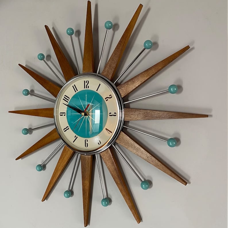 Square Wall Clock 15.7 Inch Silent Sunburst Design Handcrafted Battery Operated Retro Decorative Timepiece for Living Room Bedroom Office | Lonoma