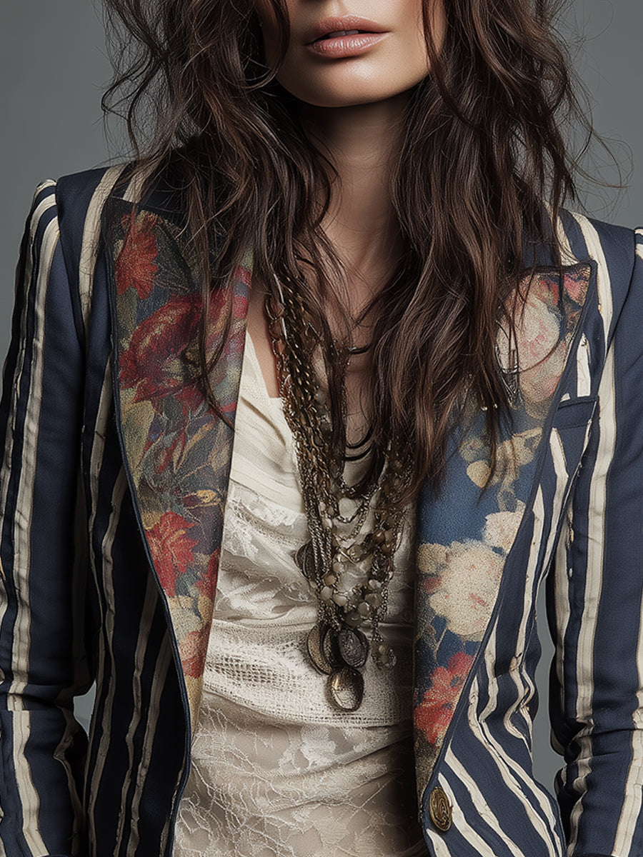 Women's Bohemian Striped Blazer | Tailored Floral Jacket in Navy, Claret & Green | Vintage-Inspired Structured Outerwear for Smart Casual Occasions | Koossa