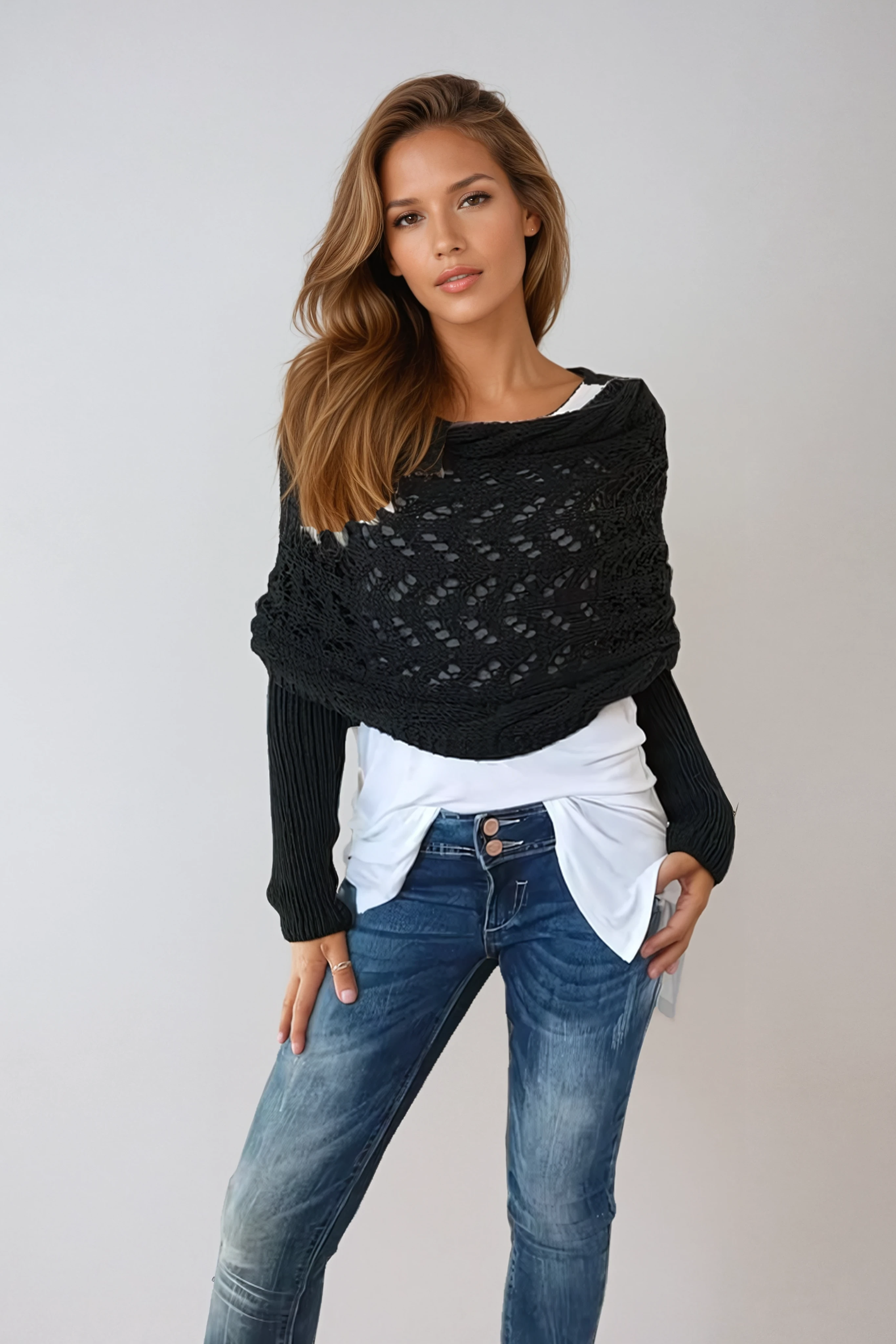 Women's Off-Shoulder Knit Shrug — Open-Weave Layering Wrap for Autumn & Winter Casual Elegance | Koossa