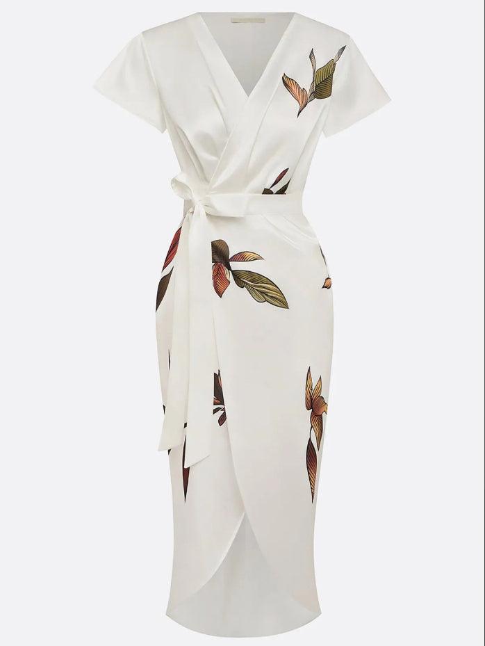 Women's Floral Wrap Midi Dress in Soft Drape Fabric with Leaf Print for Garden Parties Summer Weddings Afternoon Tea | Koossa