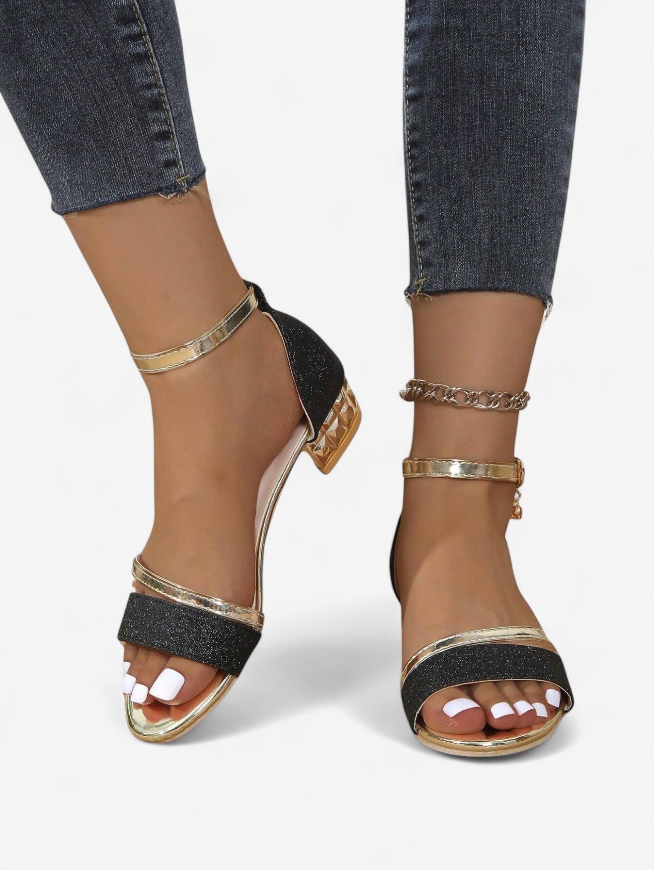 Women's Glittering Block Heel Sandals in Pink, Silver, Black & Gold – Elegant Strappy Evening Sandals with Low Heel for Parties, Weddings & Special Occasions | Koossa