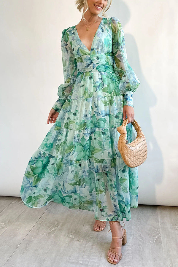 Women's Floral Midi Dress with V-Neckline — Elegant Dress for Garden Parties & Weekend Occasions | Koossa