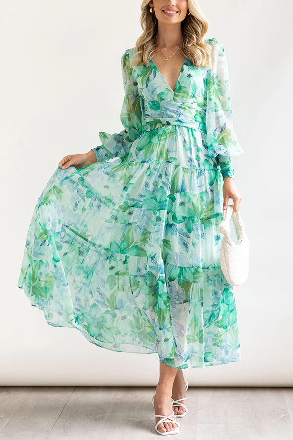 Women's Floral Midi Dress with V-Neckline — Elegant Dress for Garden Parties & Weekend Occasions | Koossa
