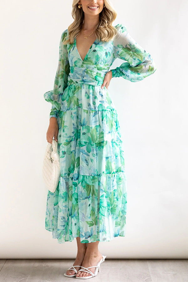 Women's Floral Midi Dress with V-Neckline — Elegant Dress for Garden Parties & Weekend Occasions | Koossa