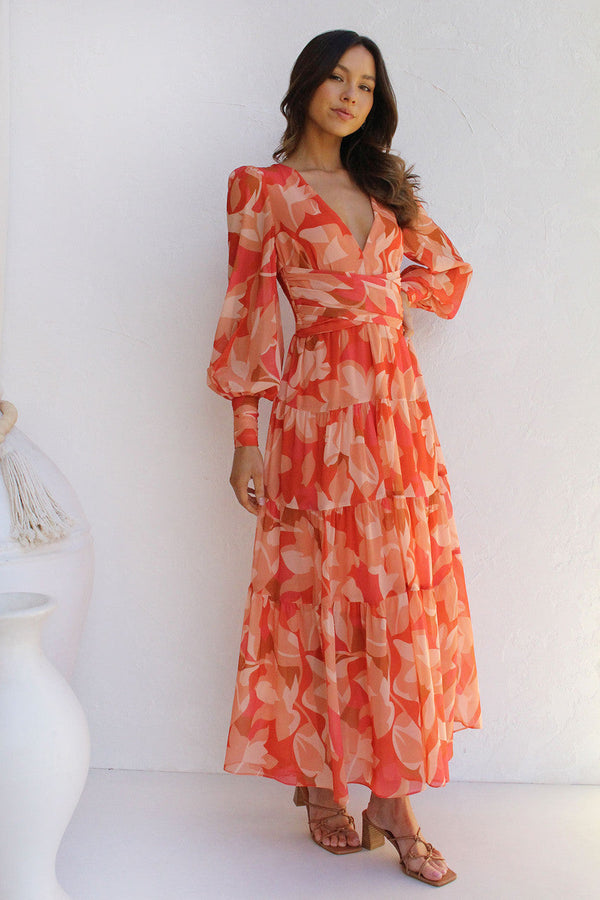 Women's Floral Midi Dress with V-Neckline — Elegant Dress for Garden Parties & Weekend Occasions | Koossa