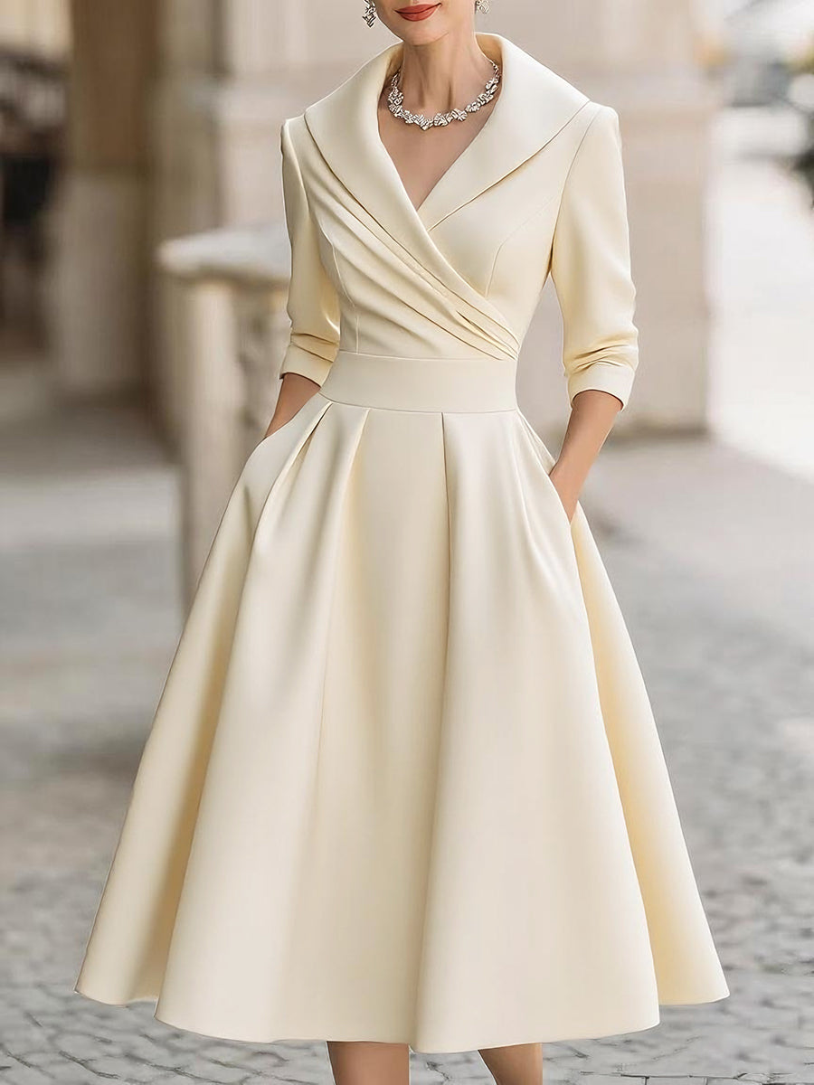 Women's Draped Neckline Midi Dress with A-Line Skirt — Elegant Evening Dress for Weddings & Formal Occasions | Koossa