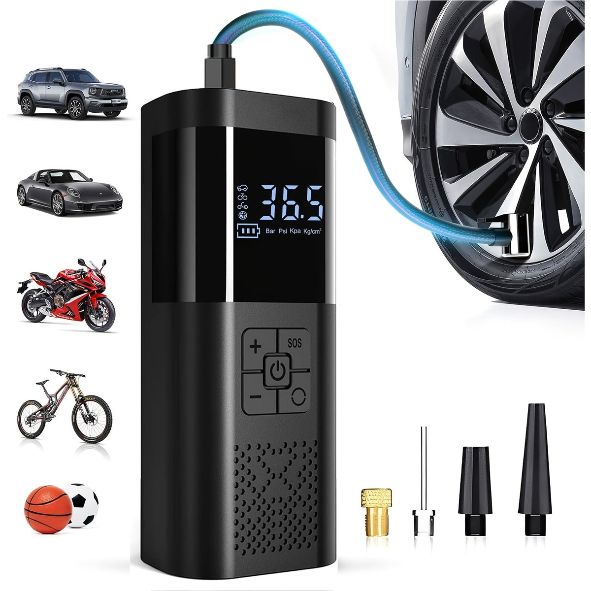 Cordless Tire Inflator Pump with Digital Pressure Gauge and Work Light for Car, Bike, Motorcycle — 150 PSI Rechargeable Air Pump | Lonoma