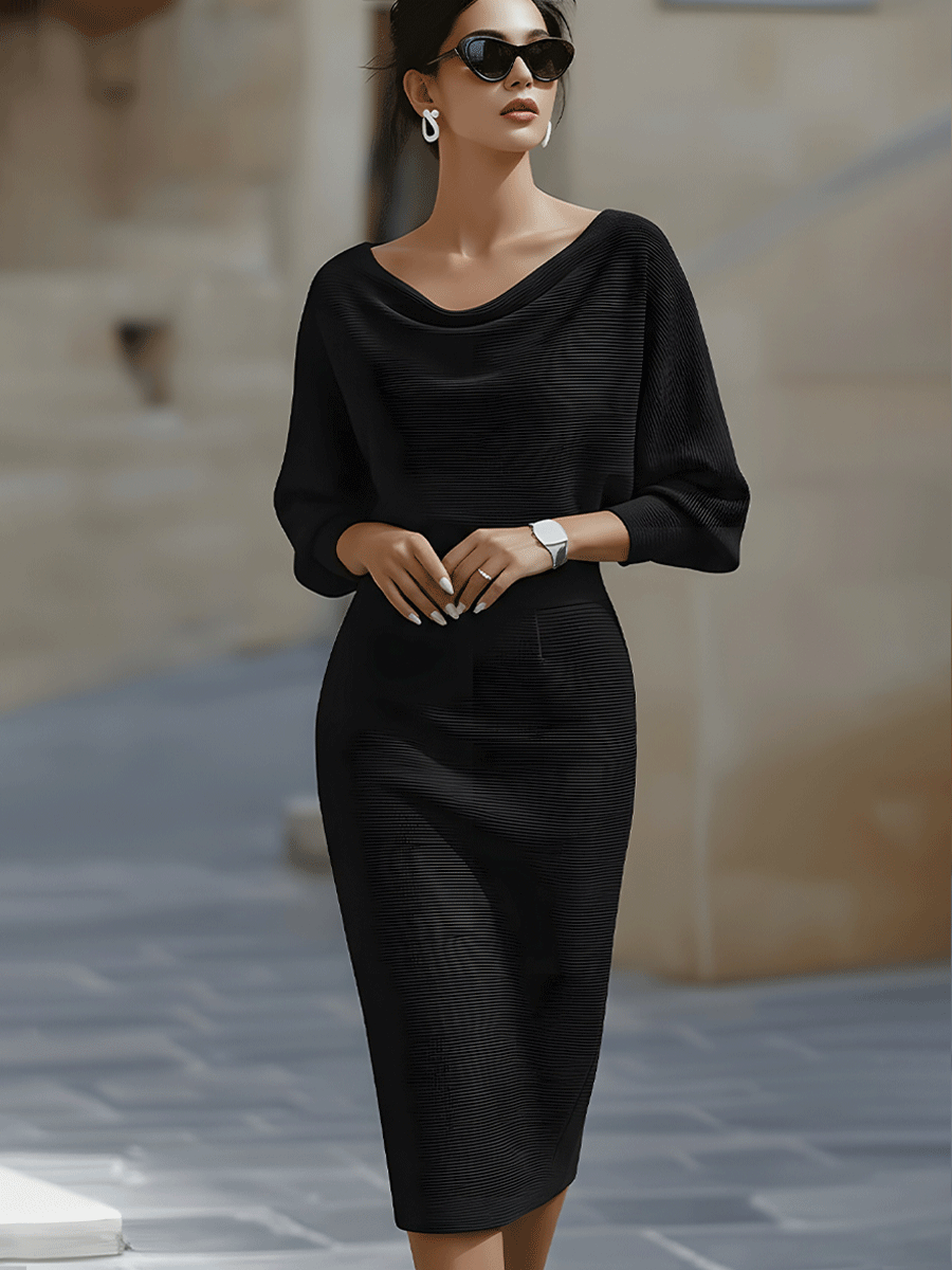 Women's Round Neck Midi Dress with Batwing Sleeves in Navy, White, Beige, Black, Green & Grey — Flowing Draped Silhouette for Daywear and Special Occasions | Koossa