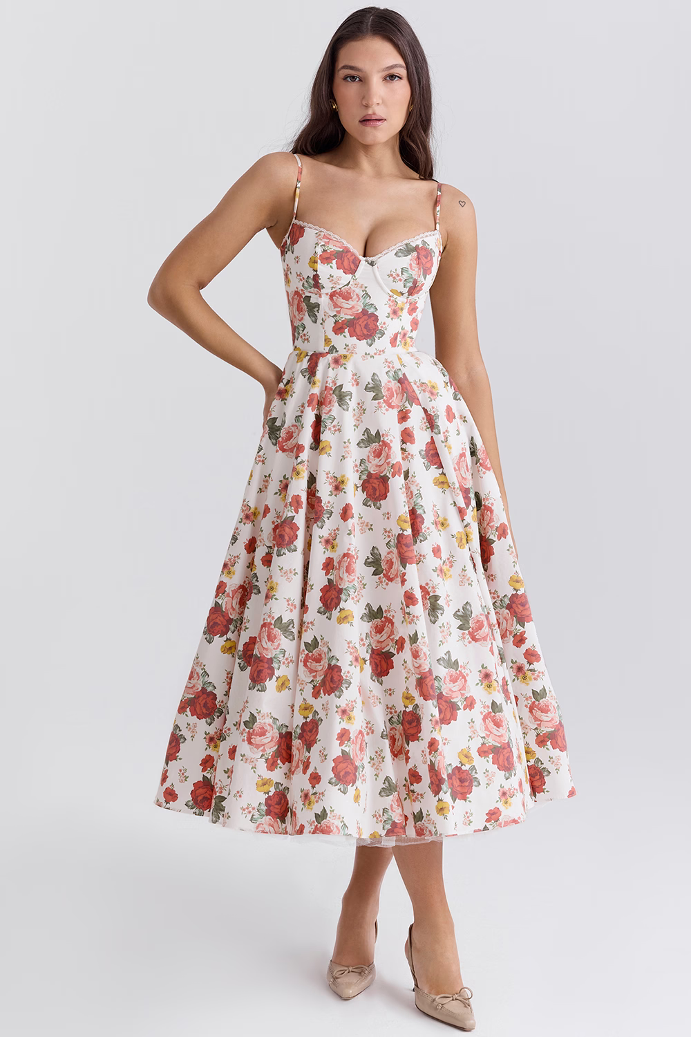 Structured Bustier Midi Dress with Flared Skirt in Blue, Pink, White, Black & Floral for Wedding Guests and Evening Events | Koossa