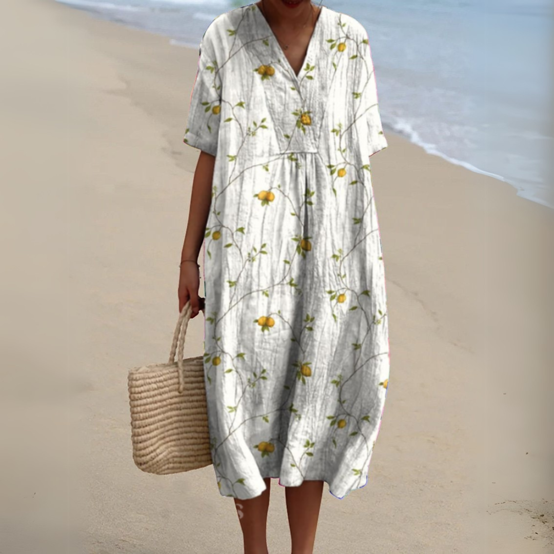 Floaty V-Neck Cotton Linen Dress in Vibrant Prints for Summer Occasions Garden Parties Warm Days | Koossa