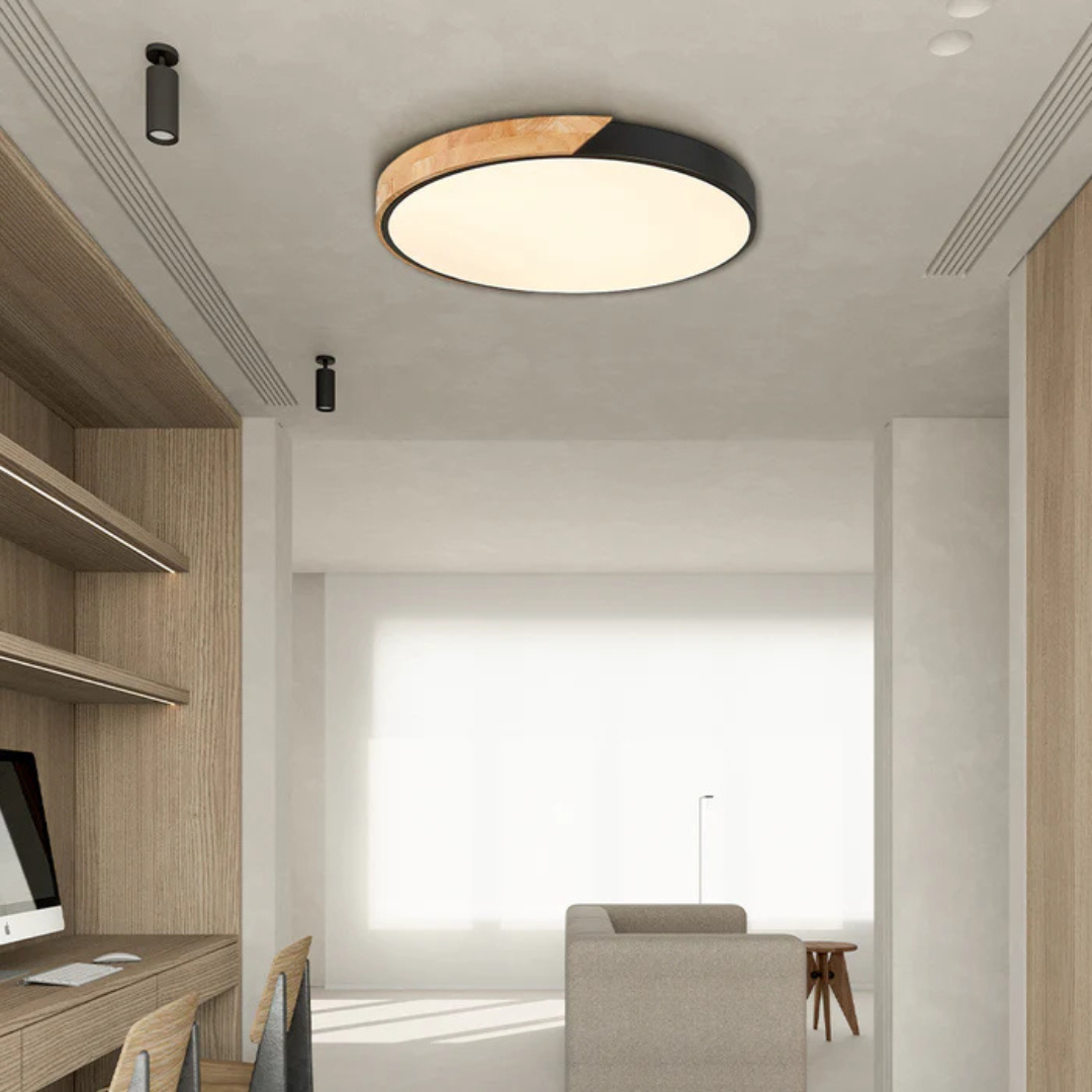 Plafonnier scandinave rond en bois naturel avec LED intégrée blanc chaud élégant pour séjour chambre couloir | Koossa