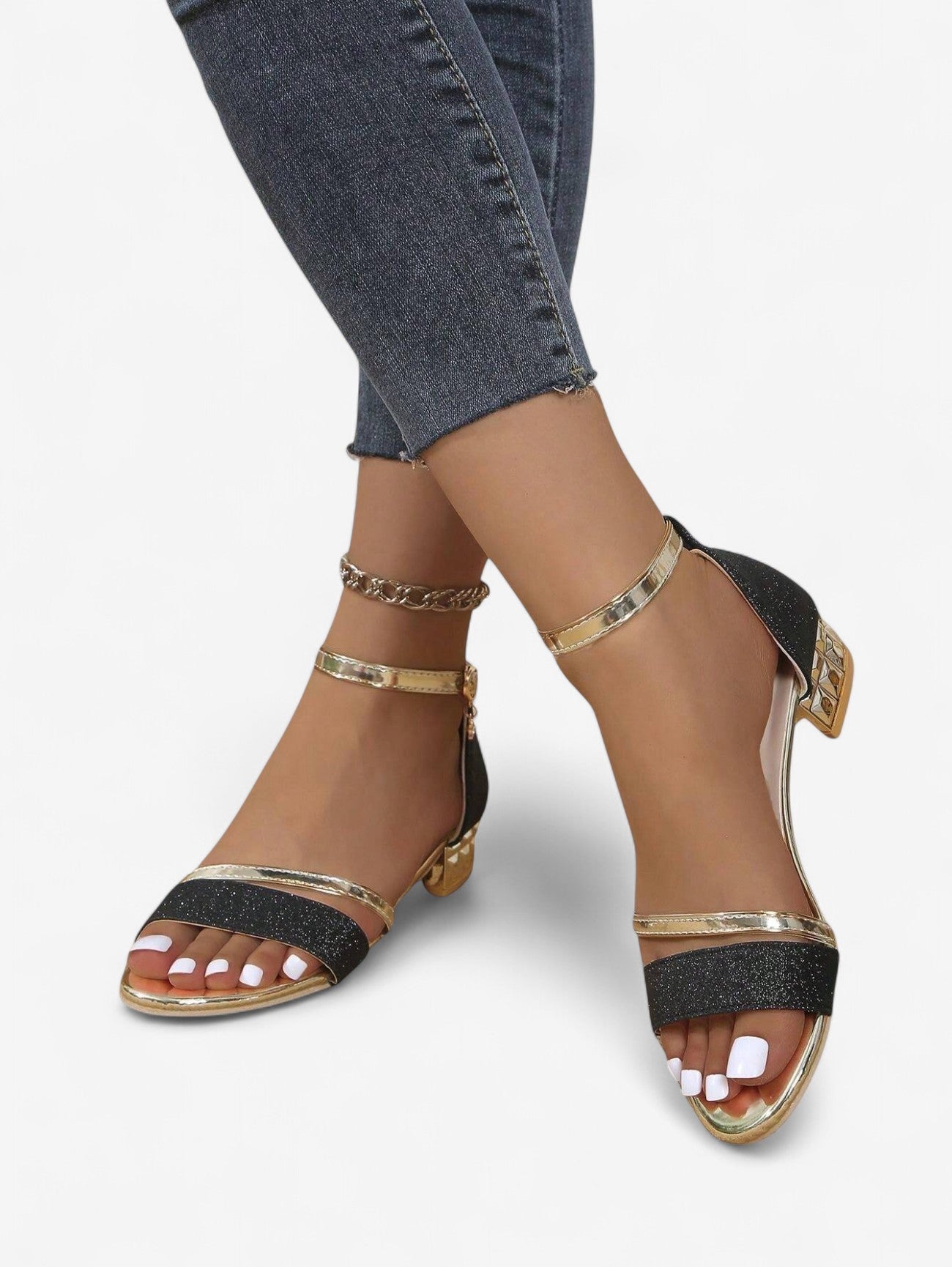 Women's Glittering Block Heel Sandals in Pink, Silver, Black & Gold – Elegant Strappy Evening Sandals with Low Heel for Parties, Weddings & Special Occasions | Koossa