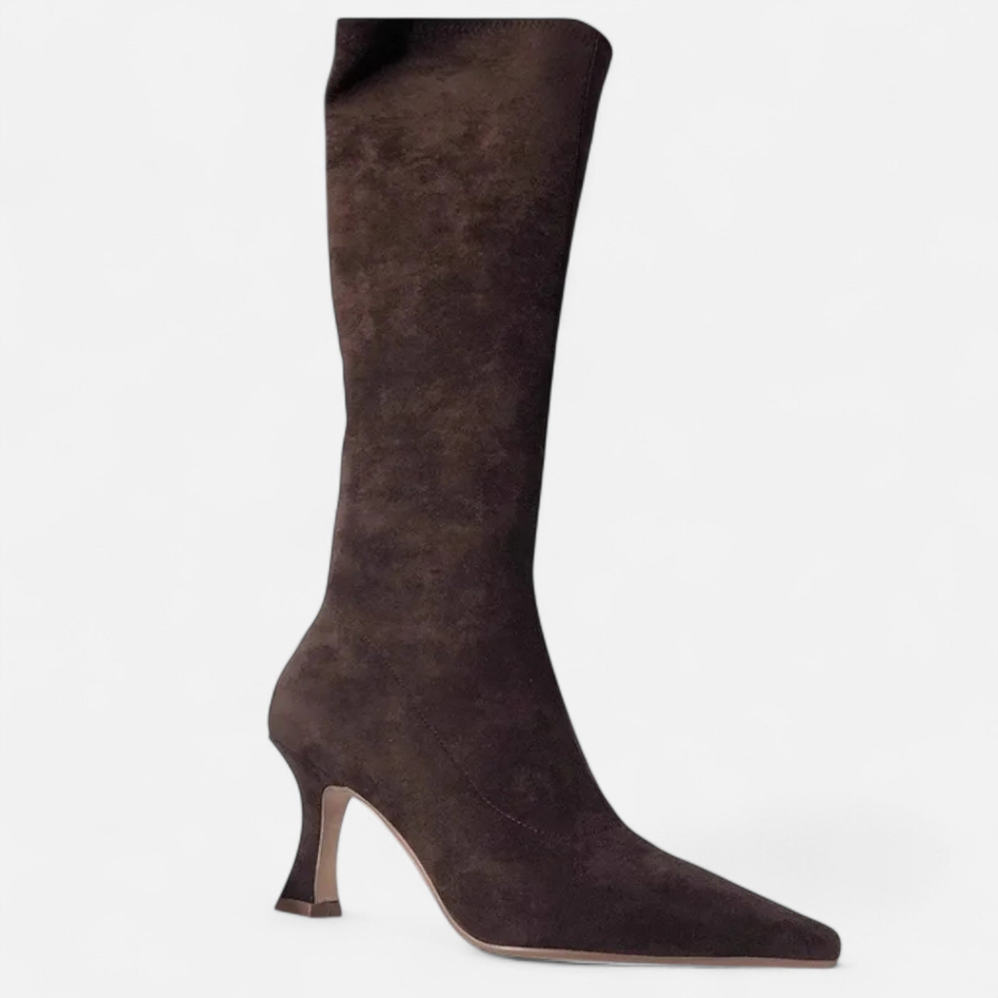Women's Pointed-Toe Knee-High Heeled Boots in Suede | Sleek Silhouette | Comfortable Side Zip | Perfect for Evening and Office | Autumn Winter Footwear | Koossa