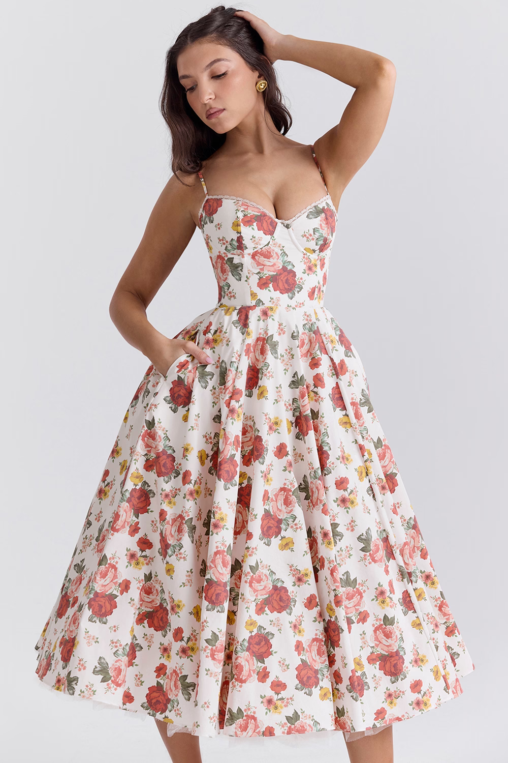 Structured Bustier Midi Dress with Flared Skirt in Blue, Pink, White, Black & Floral for Wedding Guests and Evening Events | Koossa