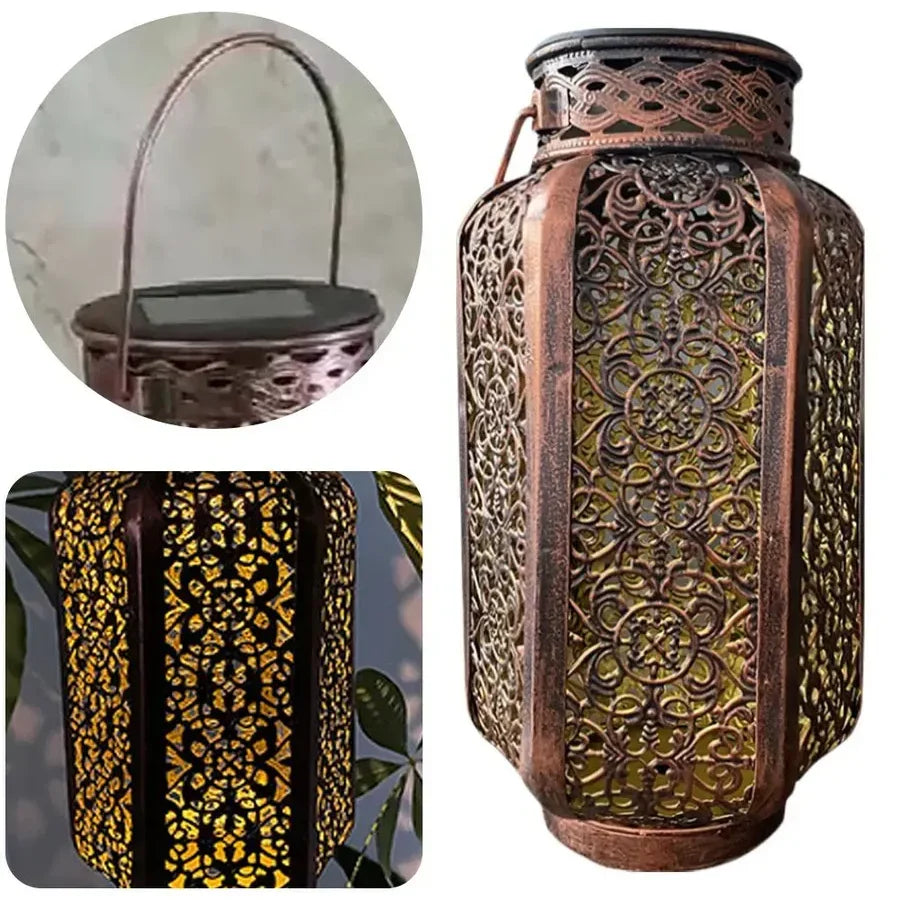 Lanterne solaire décorative en fer couleur cuivre motif oriental pour jardin terrasse balcon autonomie 8–10 h | Koossa