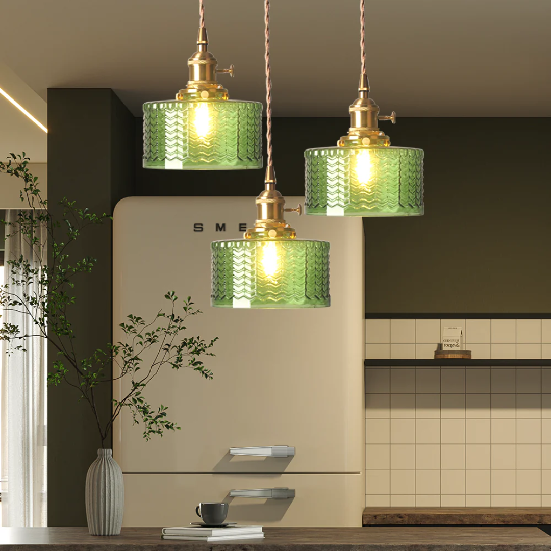 Adjustable Pendant Light with Ribbed Glass Shade, E27 Socket, Green Brass Finish for Kitchen Island, Dining Room & Breakfast Bar | Lonoma