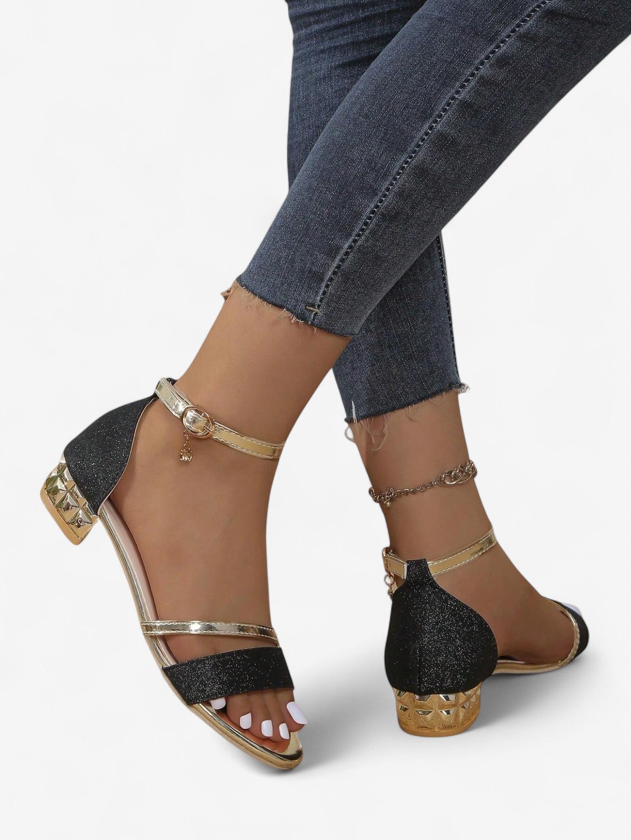 Women's Glittering Block Heel Sandals in Pink, Silver, Black & Gold – Elegant Strappy Evening Sandals with Low Heel for Parties, Weddings & Special Occasions | Koossa