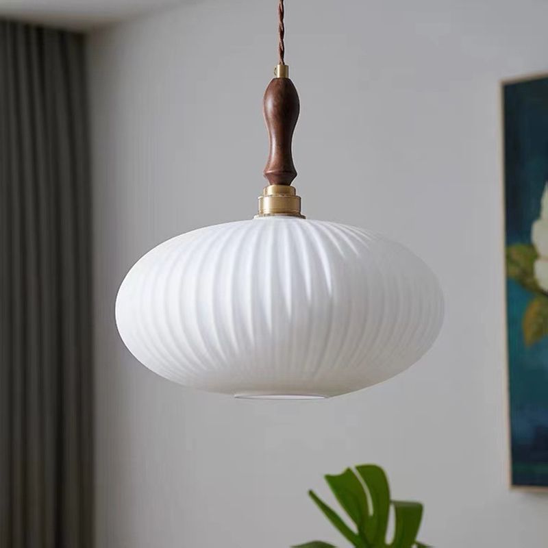 Suspension Cloche Verre Blanc Laiteux et Bois de Noyer 25 cm Éclairage Doux Salle à Manger Cuisine Salon | Koossa