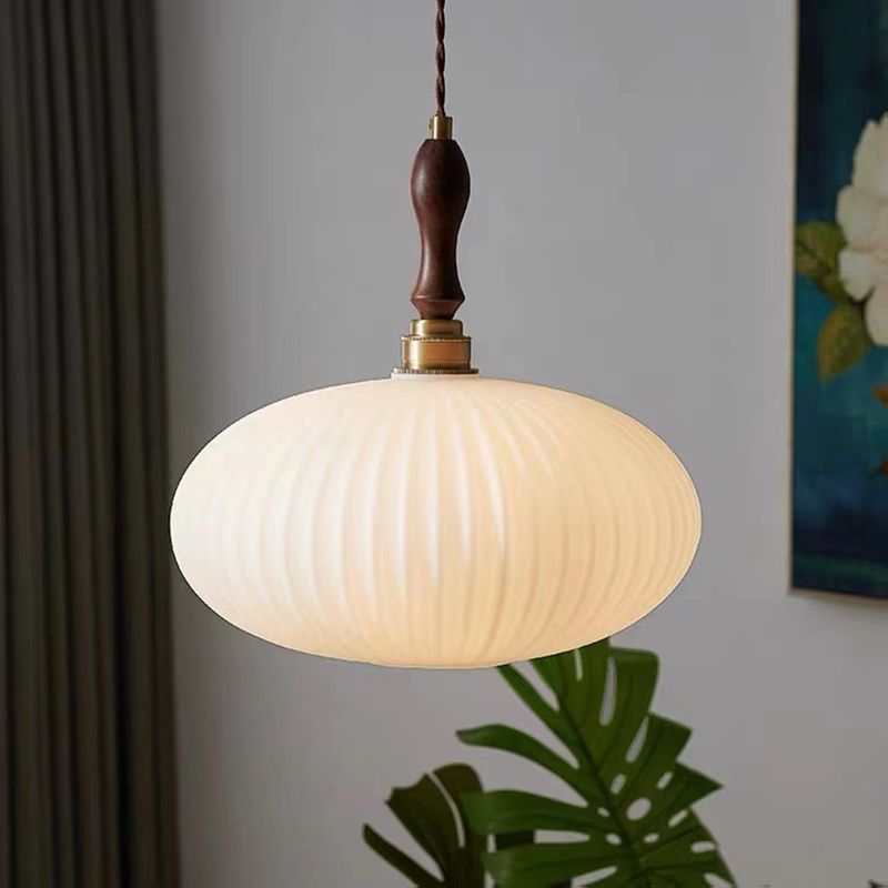 Suspension Cloche Verre Blanc Laiteux et Bois de Noyer 25 cm Éclairage Doux Salle à Manger Cuisine Salon | Koossa