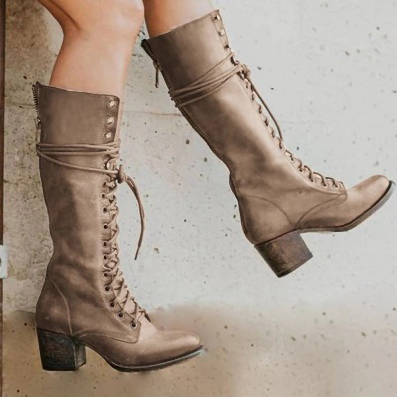Women's Lace-Up Knee-High Leather Boots in Black, Grey, Brown, Reddish Brown & Khaki – Elegant Statement Footwear for Autumn & Winter | Koossa
