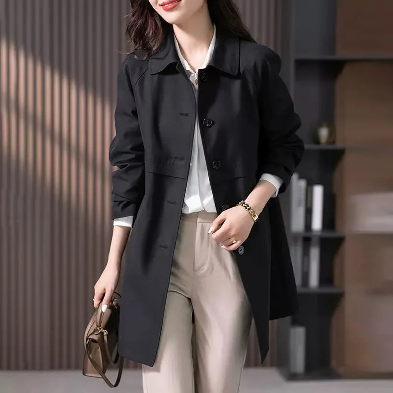 Women's Long Trench Coat with Single Button Fastening in Dark Blue and Black | Classic Tailored Outerwear with Wide Collar | Koossa