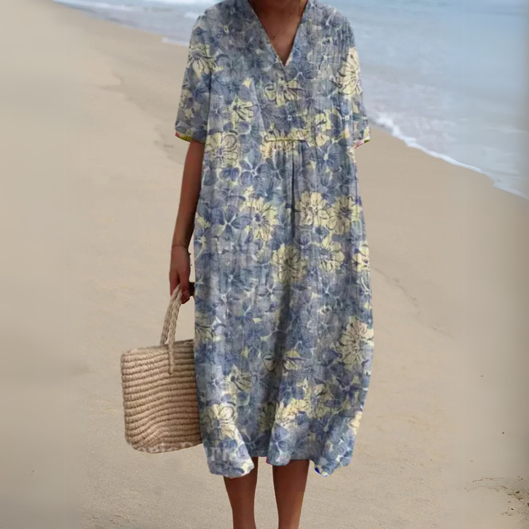 Floaty V-Neck Cotton Linen Dress in Vibrant Prints for Summer Occasions Garden Parties Warm Days | Koossa