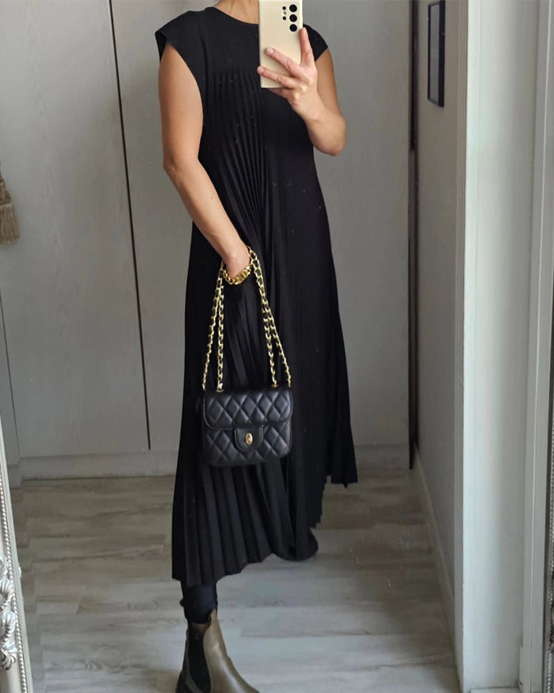 Women's Sleeveless Pleated Midi Dress in Soft Jersey Fabric for Daywear & Evenings | Koossa