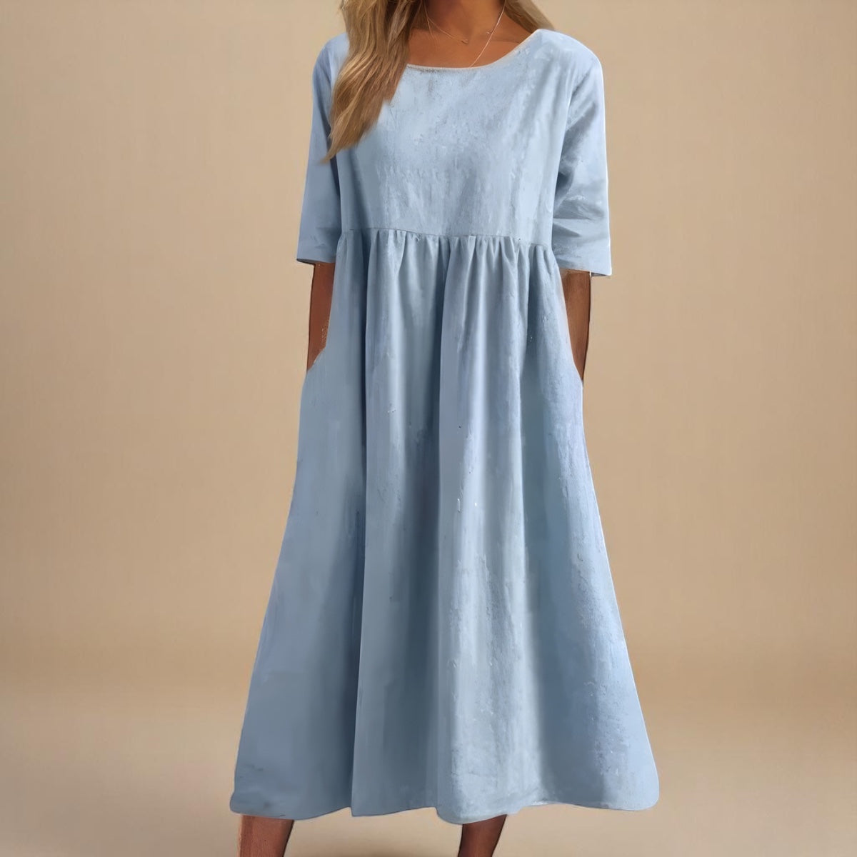 Women's Cotton Mid-Length Dress with Pockets in Eight Colours — Relaxed Fit Round Neck Short Sleeve Summer Spring Casual Everyday Knee-Length Lightweight Dress | Koossa