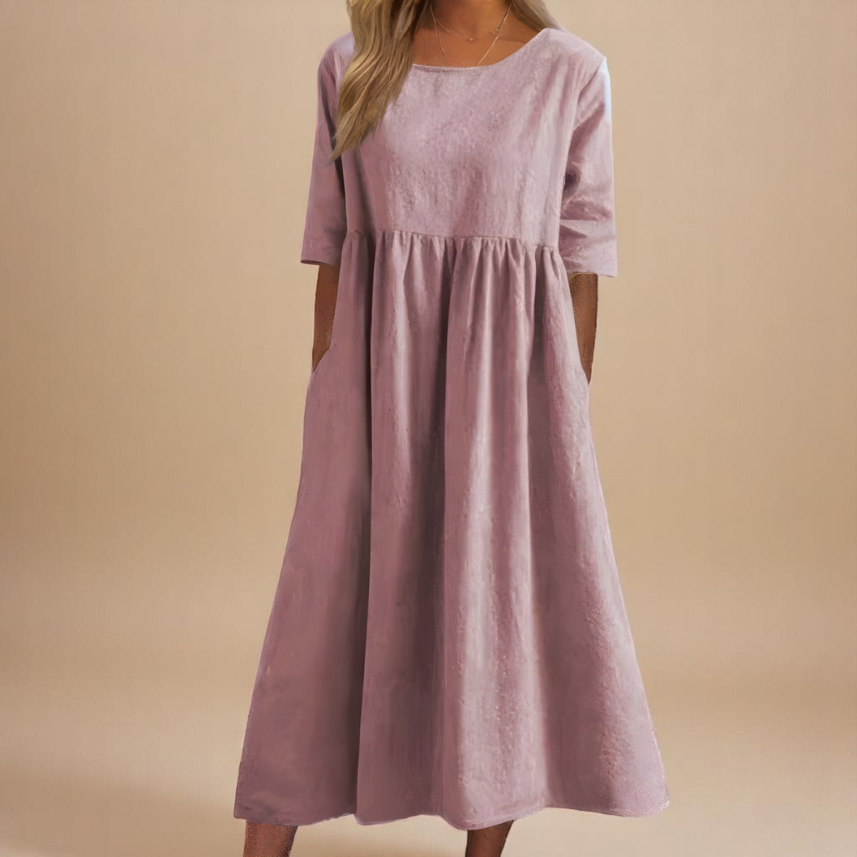 Women's Cotton Round-Neck Dress with Mid-Length Sleeves and Pockets – Relaxed Everyday Midi Dress in Eight Colours | Koossa