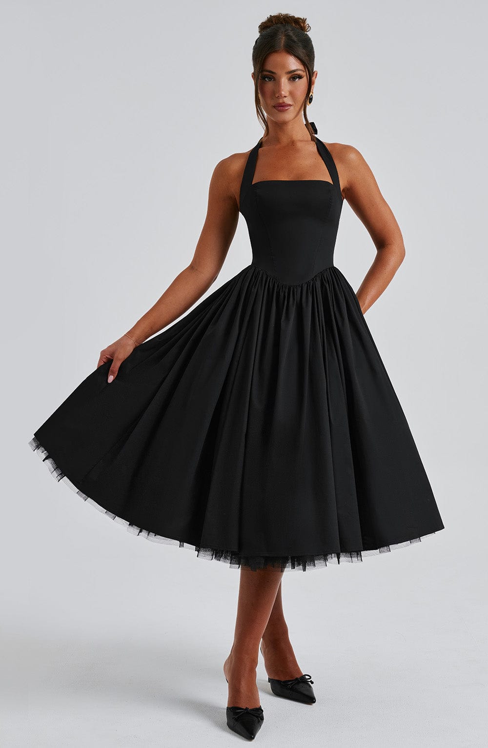 Women's Halter Neck Midi Dress in White and Black – Wedding Guest and Summer Garden Party Occasion Dress | Koossa
