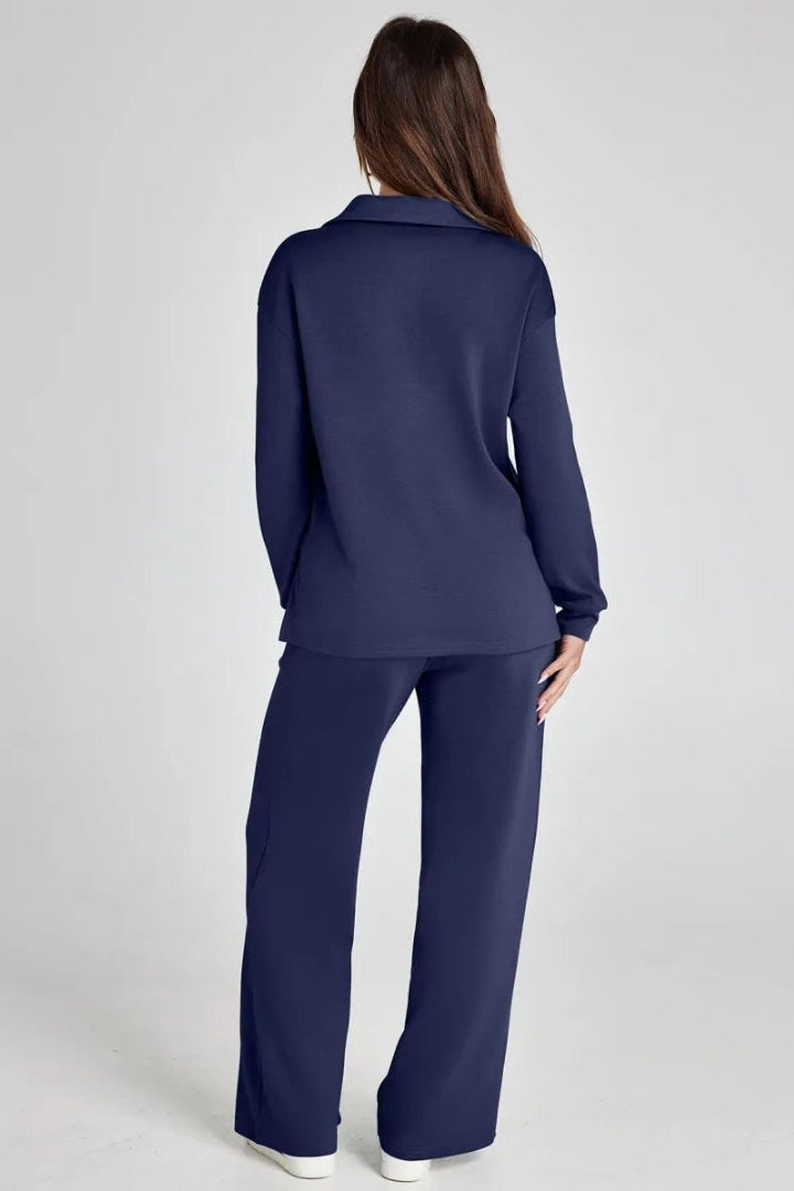 Women's Two-Piece Lounge Set V-Neck Collared Top Wide-Leg Trousers Drawstring Waist Relaxed Fit Comfortable Loungewear Casual Weekend Wear Timeless Minimalist Style | Koossa