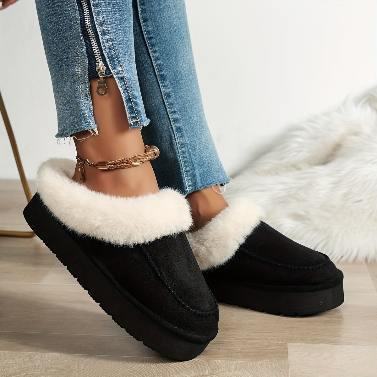 Women's Faux Fur Moccasin Slippers | Warm Indoor Outdoor Footwear in Black Brown Khaki | Cushioned Non-Slip Sole Winter House Shoes | Koossa