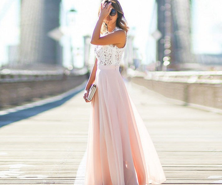Women's Sleeveless Floral Lace Maxi Dress — Elegant Long Dress for Spring Weddings & Garden Parties | Koossa