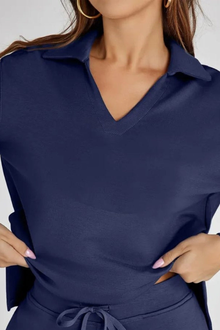 Women's Two-Piece Lounge Set V-Neck Collared Top Wide-Leg Trousers Drawstring Waist Relaxed Fit Comfortable Loungewear Casual Weekend Wear Timeless Minimalist Style | Koossa