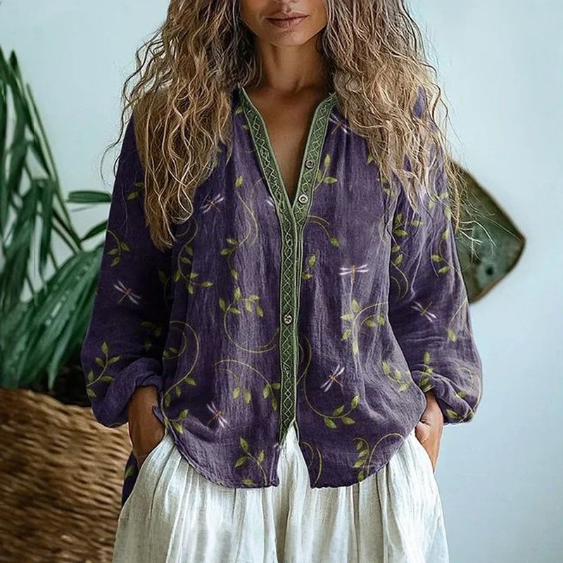 Women's Printed Blouse in Soft Draped Fabric with Vintage Botanical Leaf Pattern | Koossa