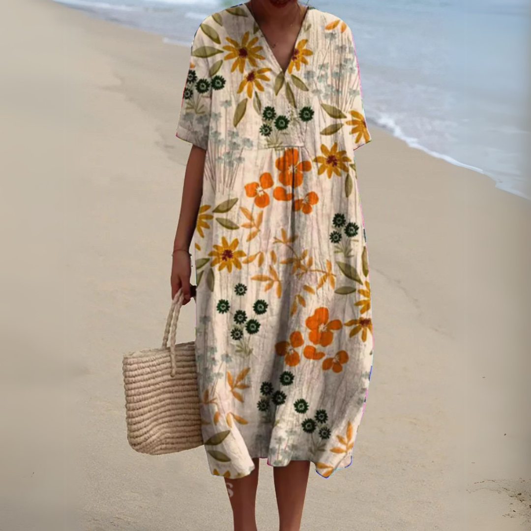 Floaty V-Neck Cotton Linen Dress in Vibrant Prints for Summer Occasions Garden Parties Warm Days | Koossa