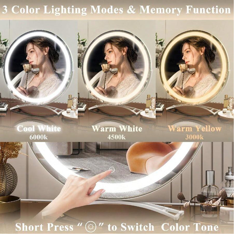 Miroir lumineux LED 40 cm rechargeable 3 modes pivotant 360° dimable beauté maquillage tactile mémoire | Koossa