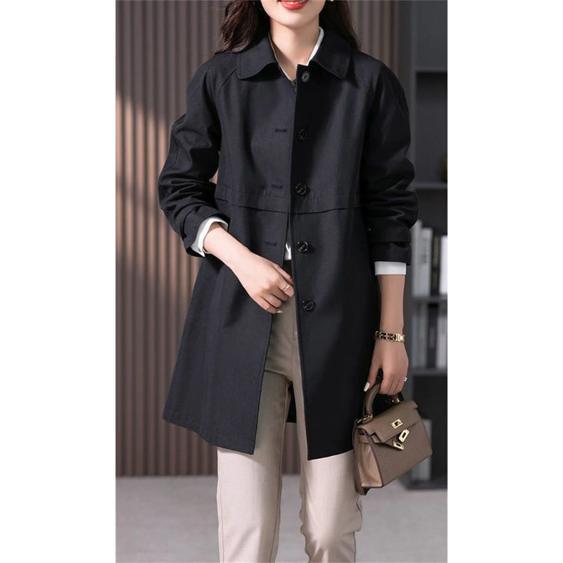 Women's Long Trench Coat with Single Button Fastening in Dark Blue and Black | Classic Tailored Outerwear with Wide Collar | Koossa
