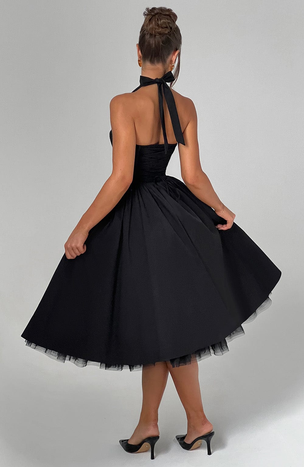 Women's Halter Neck Midi Dress in White and Black – Wedding Guest and Summer Garden Party Occasion Dress | Koossa